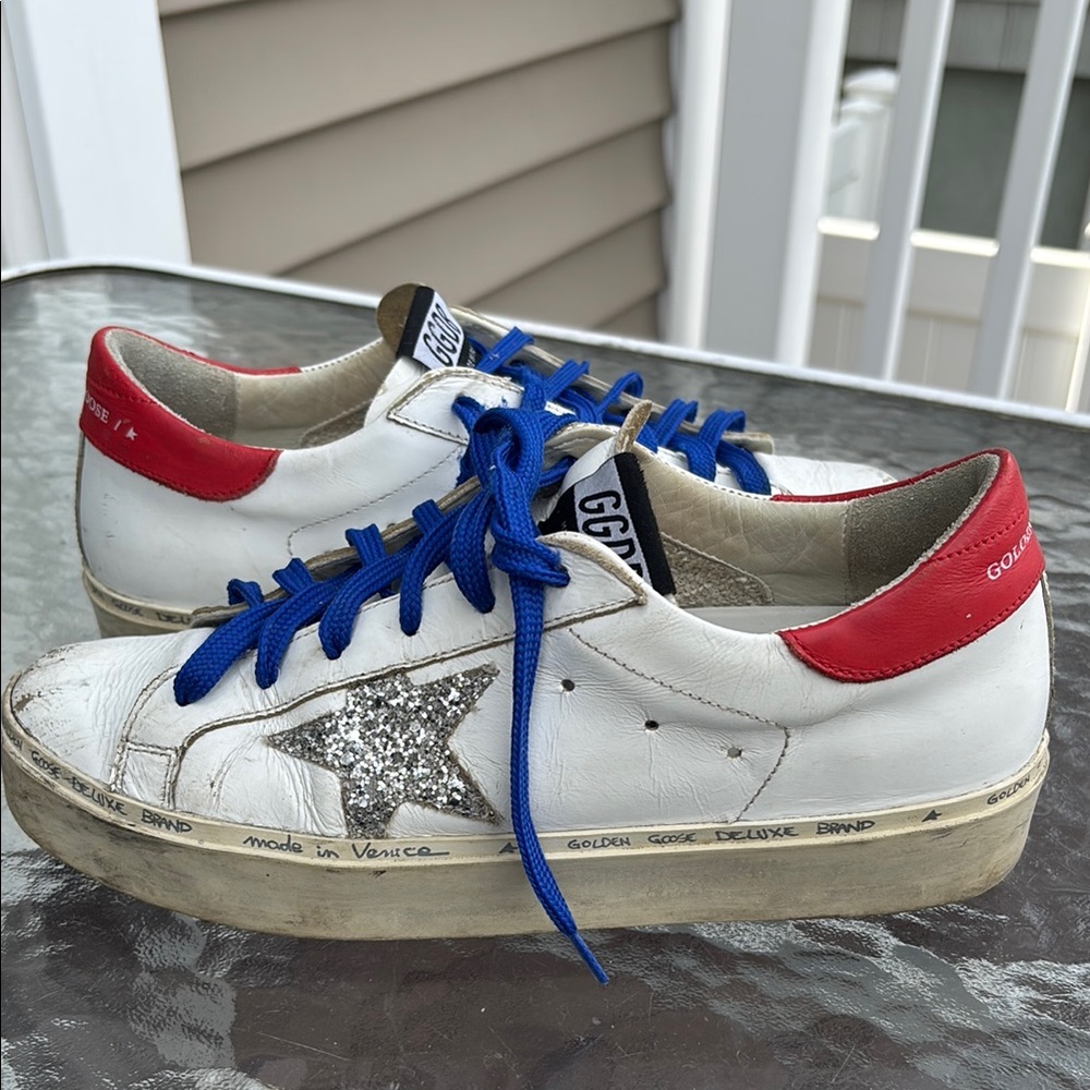 Golden Goose Deluxe Brand White Sneakers with Blue Laces